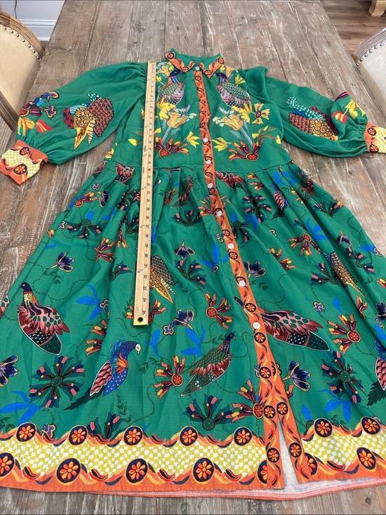 Dresses & Skirts - Green Floral & Bird Print Button-Front Dress